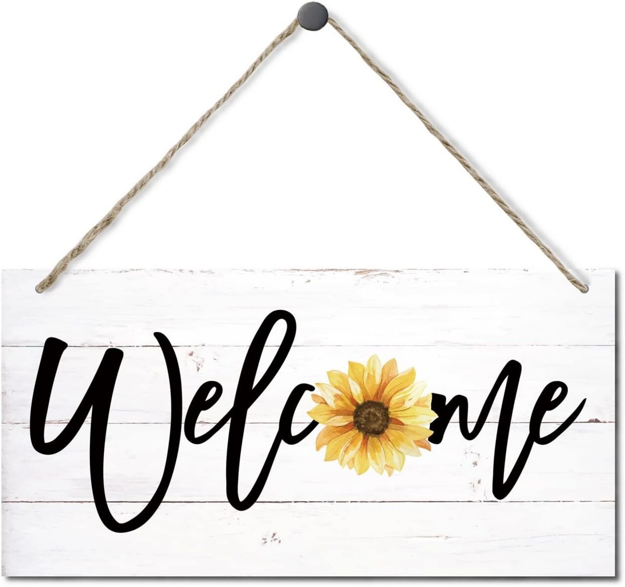 Sunflower Welcome Hanging Wood Sign – Rustic Farmhouse Wall Art for Front Door, Home, Porch & Entryway Decor (12 x 6 Inch)